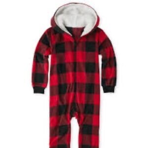 Gymboree Kids Red Black Buffalo Plaid Hooded Fleece Jumpsuit Size S 5–6